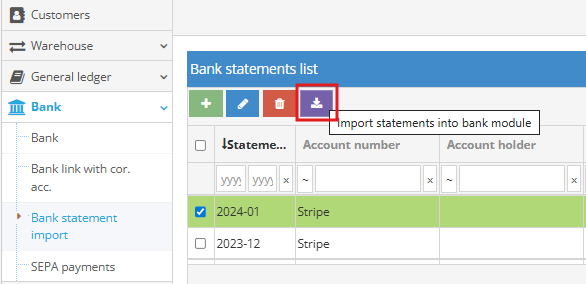 Bank statement import button in module